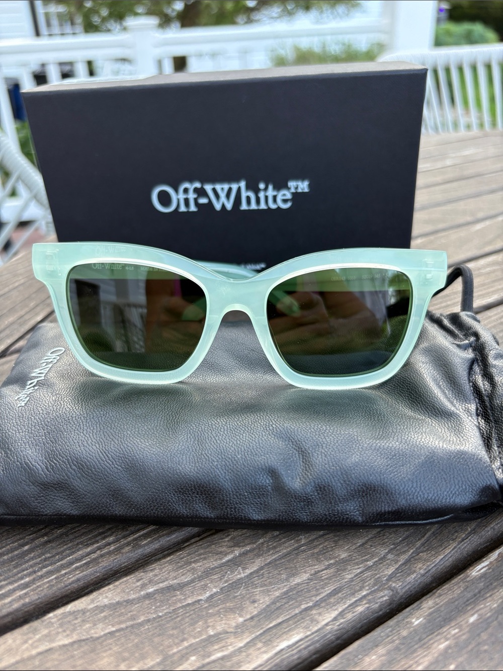 Off-White Women's Mint Green Square Sunglasses with Dark Green Lenses